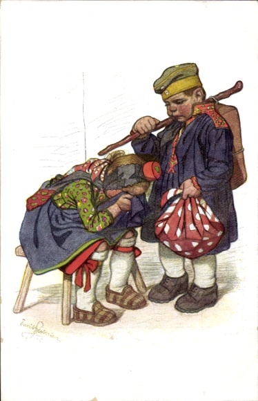 Artist Postcard Beithan, Emil, Soldier bids farewell to woman in Hessian costume