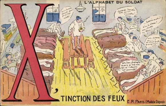 Künstler Ak Humor, Französische Armee, Alphabet des Soldaten, Licht aus
