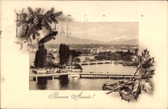 Ak Genève Genf Schweiz, Schöne Landschaft, Brücke, Bäume, Text 'Bonne Année!'