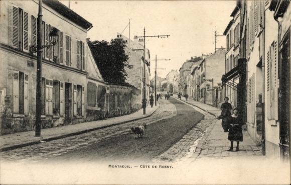 Ak Montreuil Seine Saint Denis, Straße in  Cote de Rosny, Häuser, Menschen, Hund