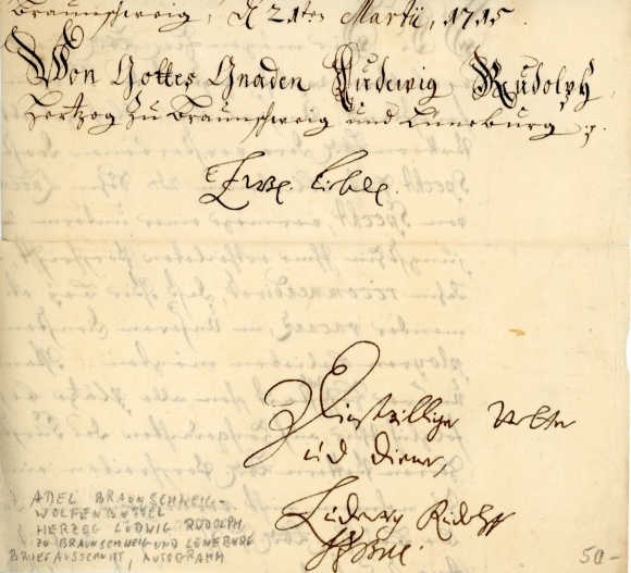 Letter excerpt autograph Duke Ludwig Rudolph of Brunswick and Lüneburg, 1715