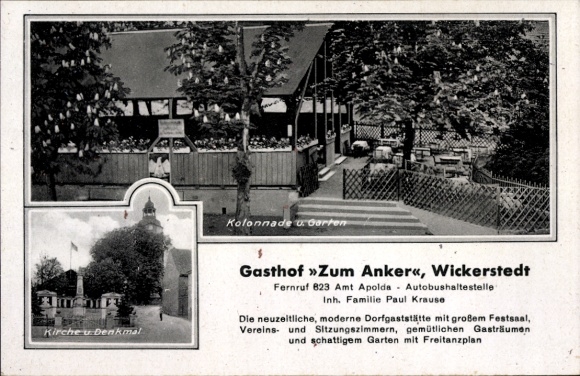Ak Wickerstedt Bad Sulza inThüringen, Gasthof zum Anker, Inh. Paul Krause, Kirche, Denkmal