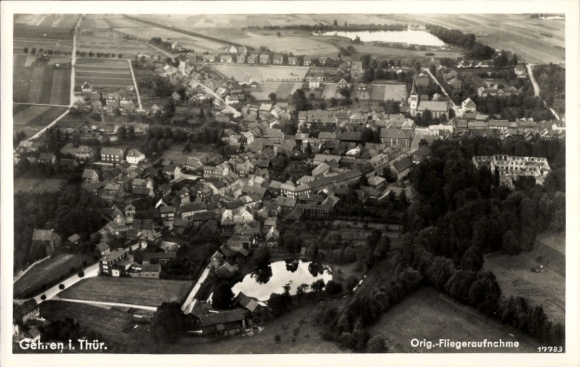 Postcard Gehren Ilmenau in Thuringia, aerial photograph of Gehren, houses, landscape, water surface