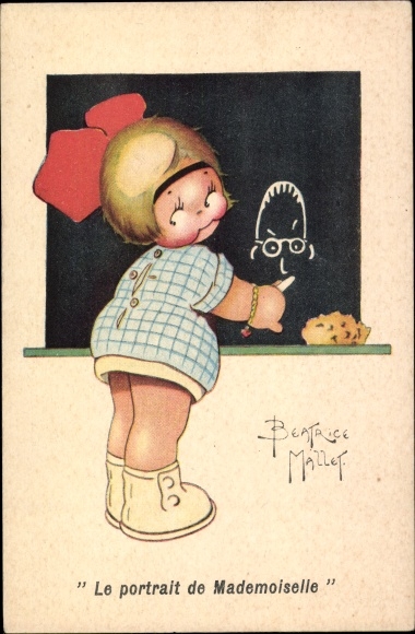 Artist PC Mallet, B., girl at the blackboard, chalk, sponge
