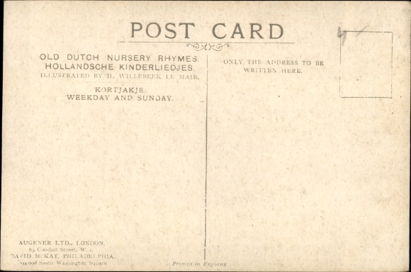 Artists Postcard Le Mair, H. Willebeek, Kortjakje, weekday and Sunday, Dutch children's song
