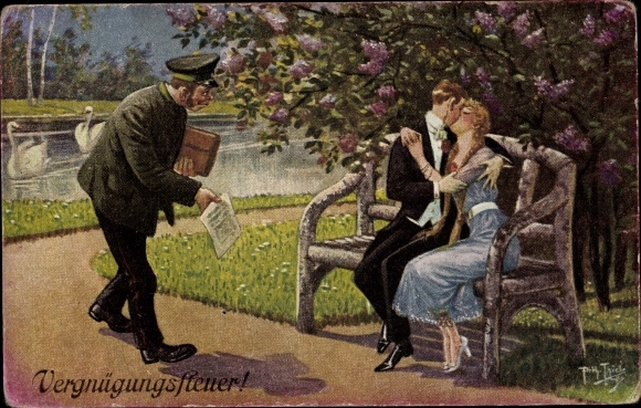 Artist PC Thiele, A., amusement tax, lovers, official with letters, pond, swans
