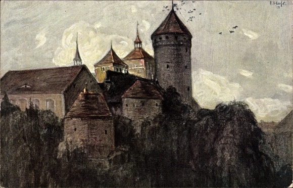 Kunstenaar ansichtkaart haat, Fritz, Reszel Rössel Oost-Pruisen, kasteel en kerk