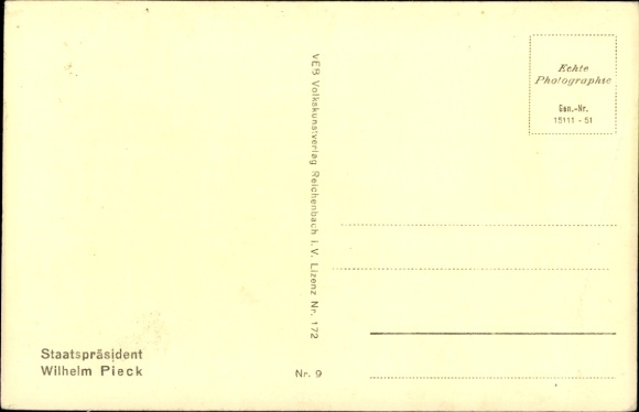 Postcard Wilhelm Pieck, President of the GDR from 194 to 1960