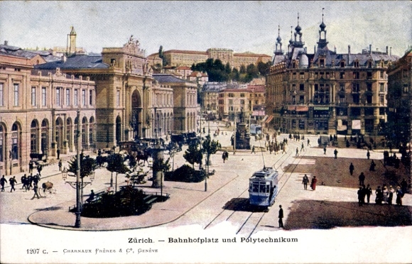 Postcard Zurich City Switzerland, Bahnhofplatz, Polytechnic, Tram