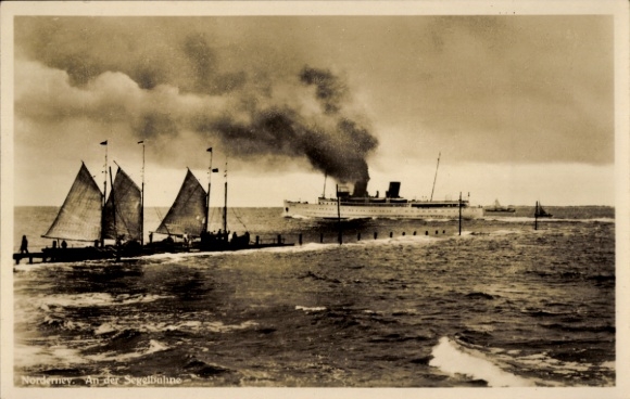 Postcard North Sea resort Norderney East Frisia, sailing stage, steamers, sailboats
