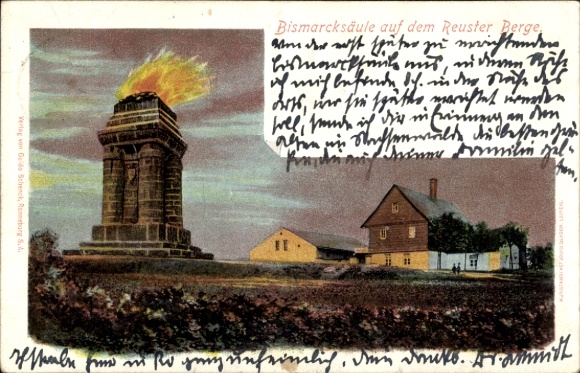 Ansichtkaart Ronneburg in Thüringen, Bismarckzuil, Reustergebergte, landschap, gebouwen, van Verlag Schenck
