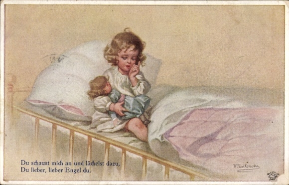 Künstler Ak Fialkowska, Wally, Du schaust mich an und lächelst dann, Mädchen mit Puppe, Primus 1108