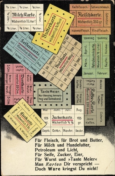 Postcard milk menu, butter menu, meat menu, soap menu, egg menu, sausage menu, I. WK