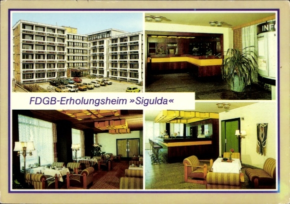 Postcard Seebad Binz on Rügen, FDGB recreation center Sigulda, exterior view, reception, indoor bar, color...