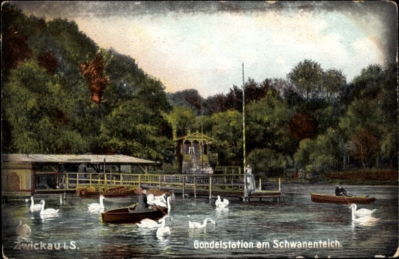 Postcard Zwickau in Saxony, gondola station at the Swan Pond, rowing boats