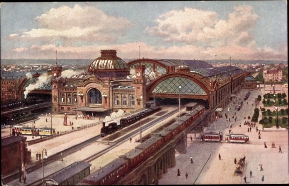 Postcard Dresden old town, main station, panorama, train, trams