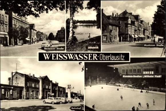Postcard Weißwasser Oberlausitz, Bautzener Straße, artificial ice stadium Wilhelm Pieck, ice hockey game, train station