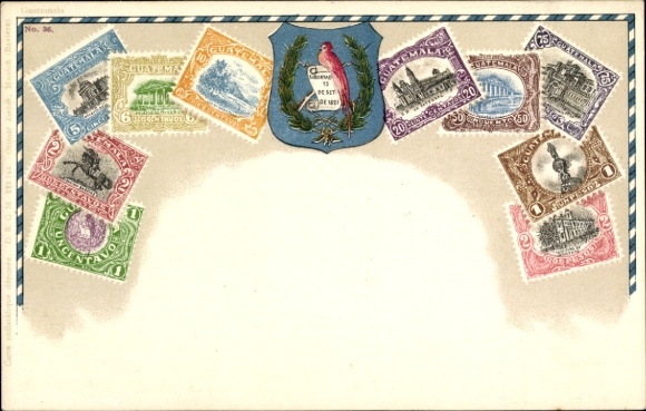 Postage stamps Postcard Guatemala, coat of arms, pesos, centavos