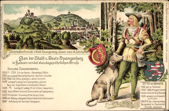 Coat of arms Chromo-Litho Spangenberg Hesse, Historical picture of the city, Otto der Schutz, Landgrave