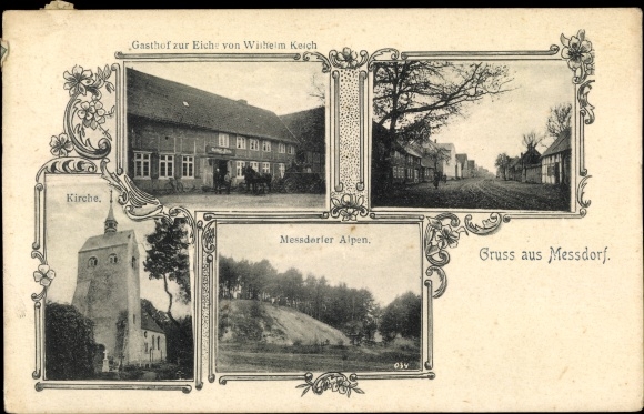 Postcard Messdorf Messdorf Bismark Altmark, Church, Messdorf Alps, Gasthof zur Eiche