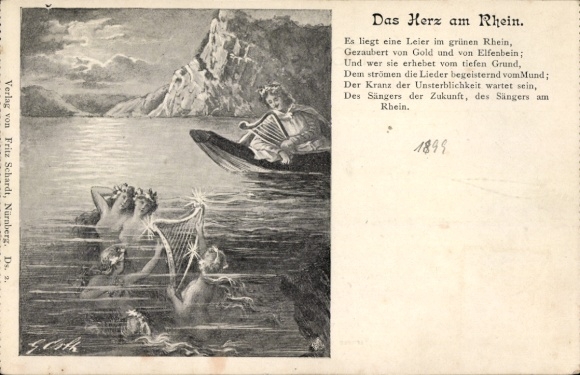 Artist Postcard Orth, G., Heart on the Rhine, Bathing Women, Harp, There is a lyre in the green Rhine...