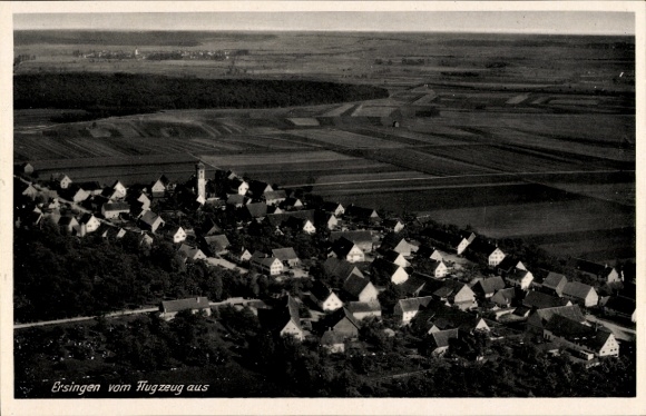 Postcard Ersingen Kämpfelbach in Baden, aerial view of residential buildings, fields, landscape