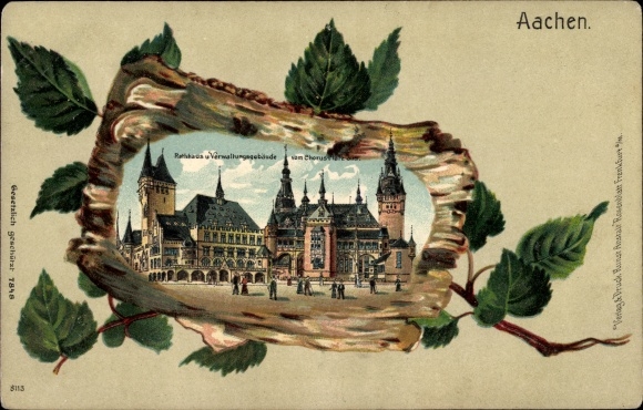 Birch wood litho PC Aachen, town hall, administration building from Chorusplatz