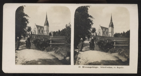 Stereo photo Schreiberhau-Szklarska Poreba in the Giant Mountains, Silesia, evangelical chapel