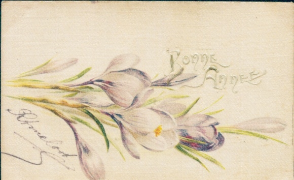 Silk Postcard Congratulations New Year, violets