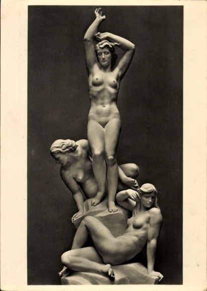 Postcard Sculpture The Dawn, fountain group, Robert Ullmann, female nude, HDK 536