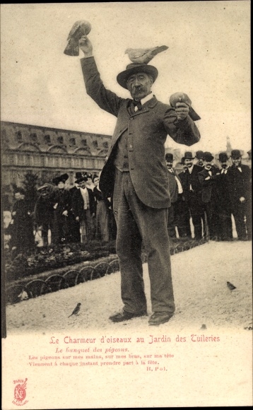 Postcard Paris, The Bird Charmer in the Tuileries Garden, The Pigeons Banquet