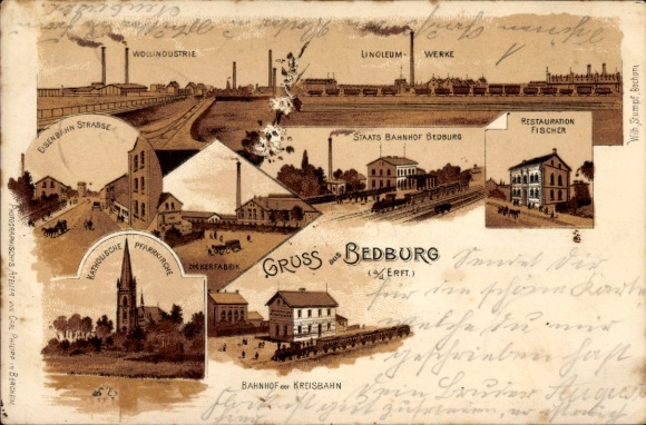 Litho Bedburg an der Erft, Restauration Fischer, Staatsbahnhof, Linoleum Werke, Wollindustrie