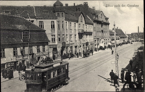 Postcard Liepaja Libau Latvia, city after taking, street section, tram