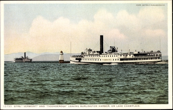Ansichtkaart Burlington Vermont Verenigde Staten, Lake Champlain, Steamer Vermont, Steamer Ticonderoga