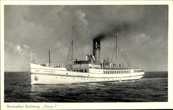 Postcard seaside resort ship Frisia I, Norden-Frisia shipping company, North Sea resort of Norderney