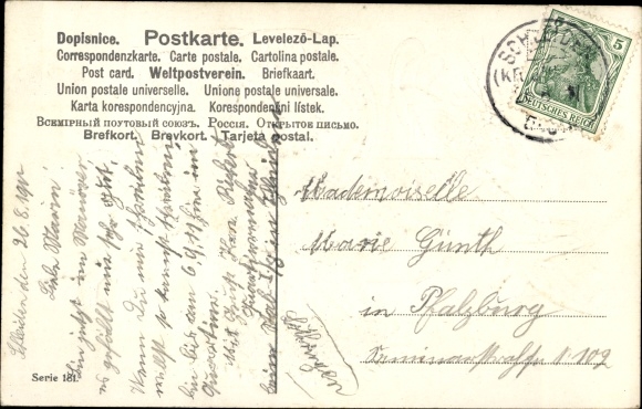 Embossed Postcard When two practice singing, handcarts, flowers, doves