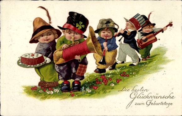 Postcard Happy Birthday, Musical Children, Cake