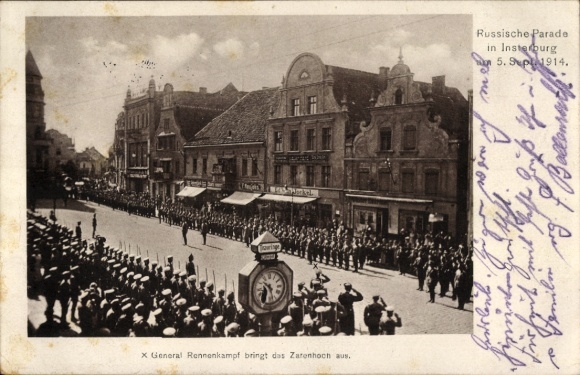 Ak Tschernjachowsk Insterburg Ostpreußen, Russische Parade 1914, General Rennenkampf