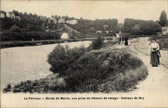 Ak Le Perreux sur Marne Val de Marne, Bords de Marne, Chemin de halage, Coteaux de Bry, Flussland
