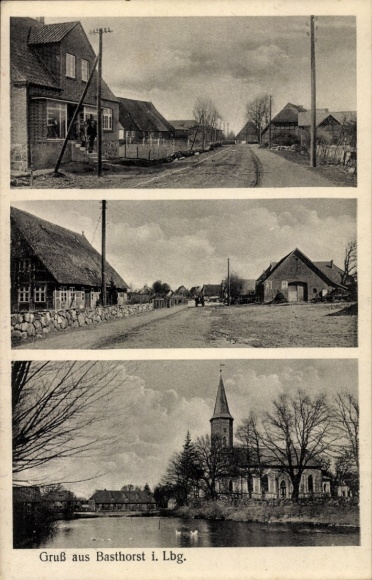 Ak Basthorst in het hertogdom Lauenburg, straatgedeelte, gedeeltelijke uitzichten, kerk