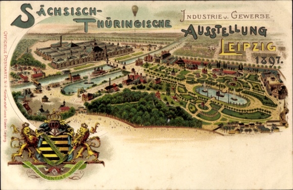 Coat of arms Chromo-Litho Leipzig, Saxon-Thuringian Industry and Trade Exhibition 1897, Balloon