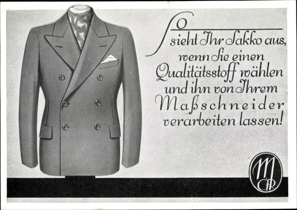 Artist PC advertising, jacket made of quality fabric, suit and coat fabrics 1931, MCR