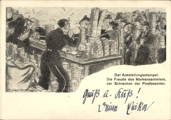 Postwaardestukkunstenaar Ak Peters, P., Düsseldorf, postzegeltentoonstelling juni 1936, postbode