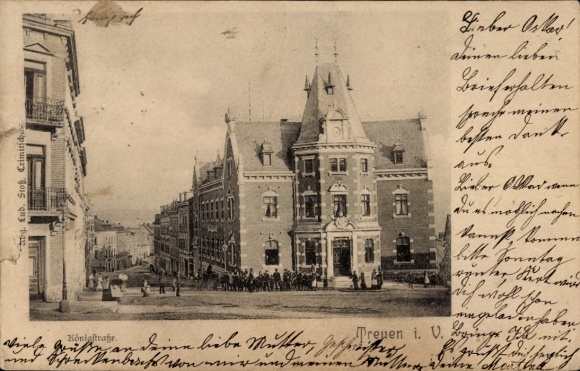 Postcard Treuen im Vogtland, historical building, street, people on the street, PC style