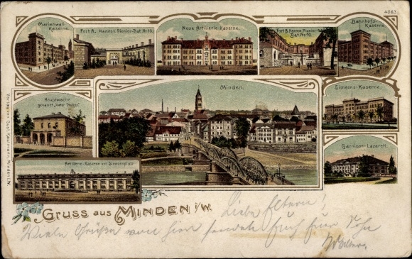 Chromo-Litho Minden in Westphalia, Marienwall barracks, new artillery barracks, main guard, Simeon&#39;s barracks
