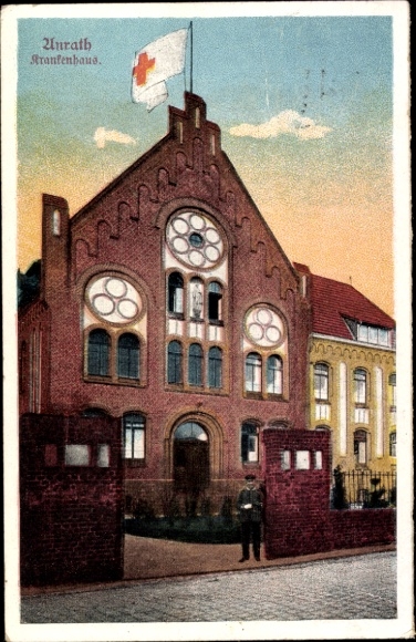 Postcard Anrath Willich on the Lower Rhine, hospital in brick building, large windows, red crosses,