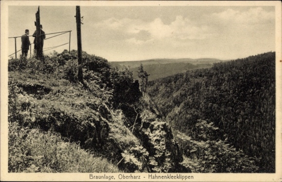 Postcard Braunlage in the Harz Mountains, two people on a lookout point, view into the valley, Hahnenkleeklippen, Braunla