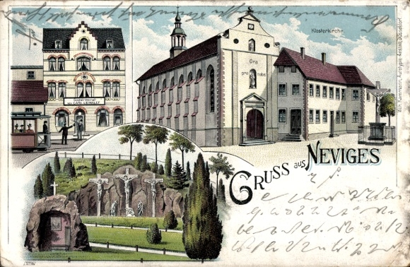 Chromo-Litho Neviges Velbert North Rhine Westphalia, monastery church, guesthouse, tram, crosses