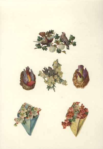 6 wafers songbirds in nests and flowers, each approx. 5 x 9 cm, 7 x 6 cm to 5 x 3.5 cm