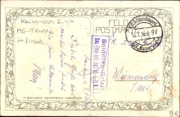 Artist PC Georgi, W., Vosges, trenches, MG, Bahlsens biscuit factory, advertisement